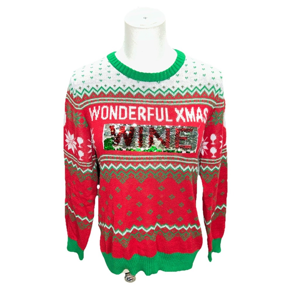 Well Worn Holiday Sweater Womens Small Christmas Wine Sequin Pullover Red Green